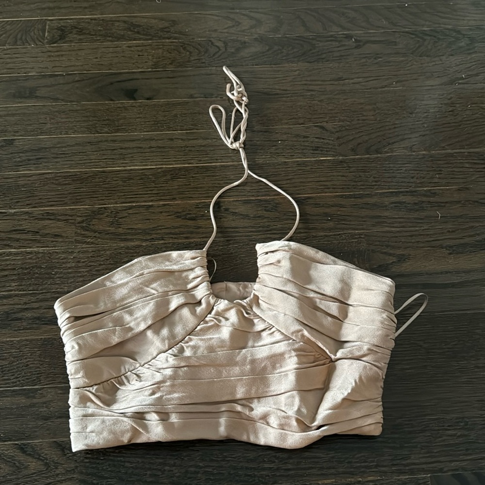 Zara Satin Ruched Halter Crop Top in Light Beige